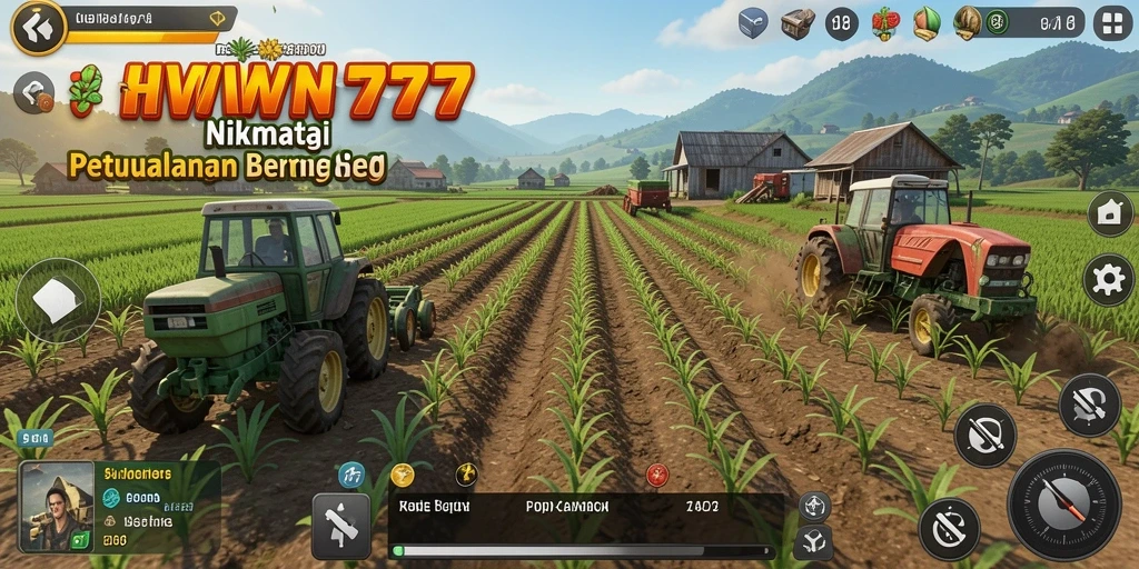 Tangkapan layar gameplay HIWIN777 menampilkan ladang yang subur dan aktivitas pertanian.