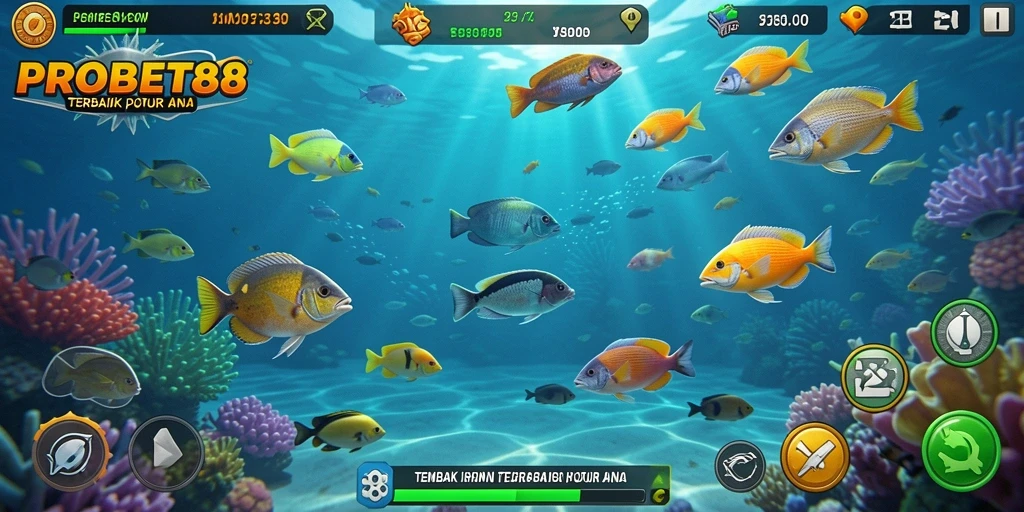 Gambar menampilkan gameplay seru PROBET88 saat menembak ikan.