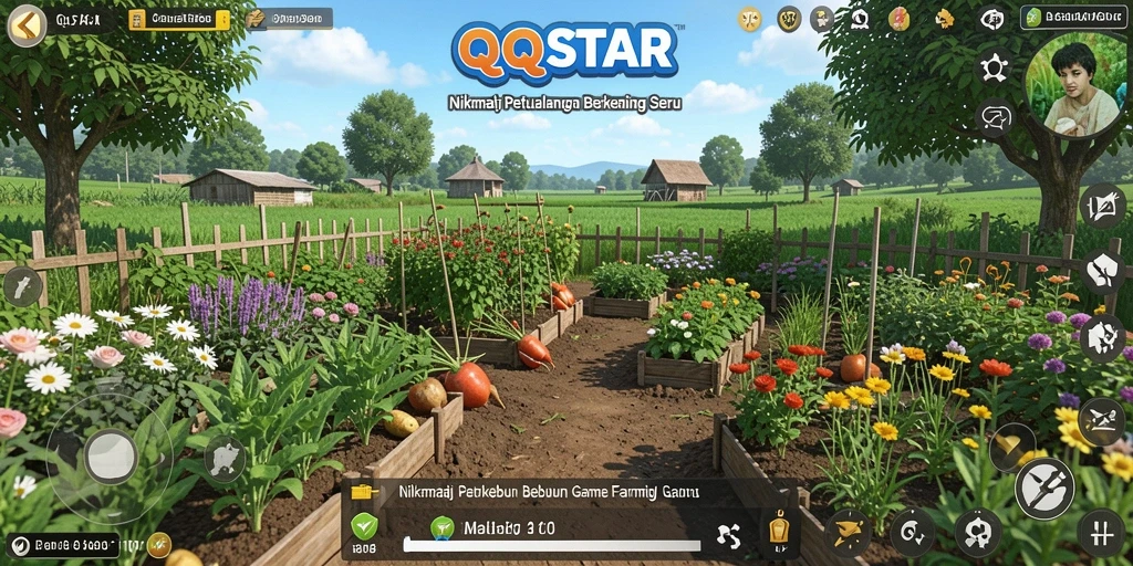 Screenshot utama QQSTAR menampilkan gameplay seru berkebun.