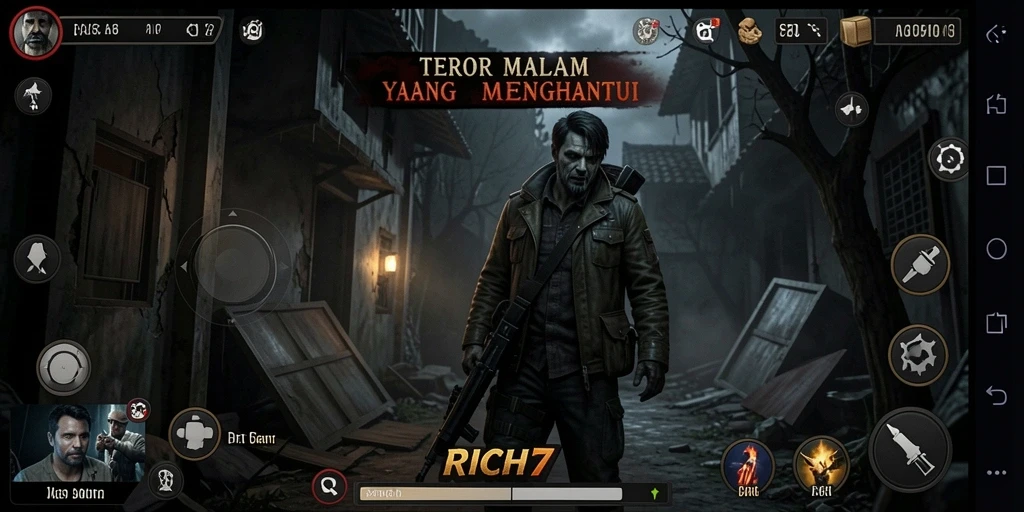 Screenshot menakutkan dari gameplay RICH7 yang gelap dan menyeramkan.