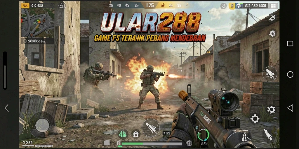 Screenshot ULAR288 menampilkan aksi tembak-menembak seru di medan perang.